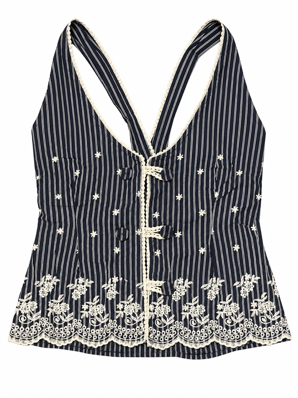 Vintage Embroidered Cotton Navy Stripe Lace-Trim V-Neck Camisole Size 1